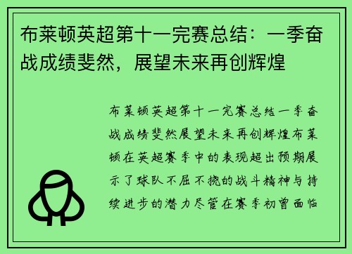 布莱顿英超第十一完赛总结:一季奋战成绩斐然,展望未来再创辉煌 布莱顿英超第十一完赛总结:一季奋战成绩斐然,展望未来再创辉煌