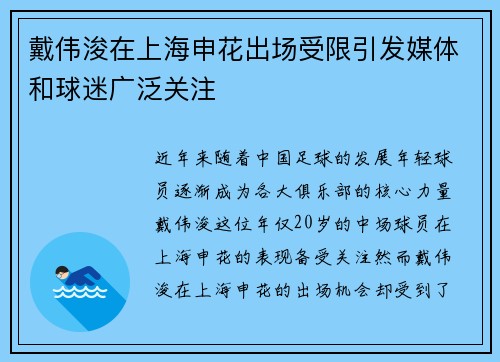 戴伟浚在上海申花出场受限引发媒体和球迷广泛关注